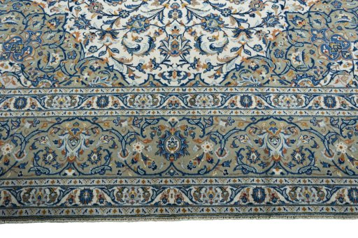 Full view of 2000s Kashan rug from Iran / Persia, 406 × 298 cm in Beige tones