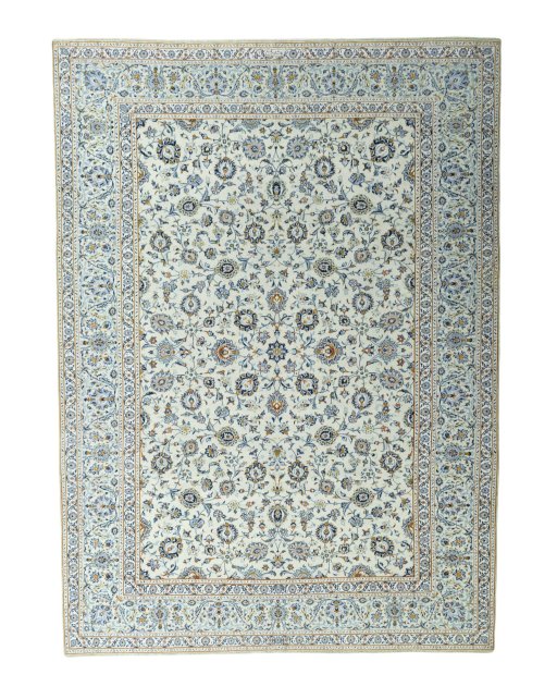 Full view of 2000s Kashan rug from Iran / Persia, 406 × 295 cm in Beige tones