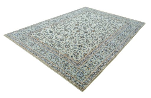 Corner detail of 2000s Kashan rug showing border pattern and Wool pile