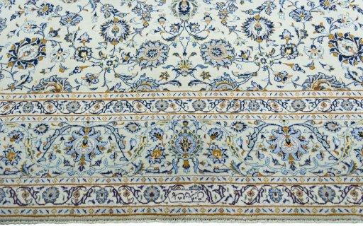Full view of 2000s Kashan rug from Iran / Persia, 406 × 295 cm in Beige tones