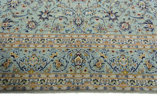 Full view of 2000s Kashan rug from Iran / Persia, 450 × 308 cm in Green tones