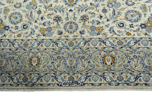 Full view of 2000s Kashan rug from Iran / Persia, 317 × 234 cm in Beige tones