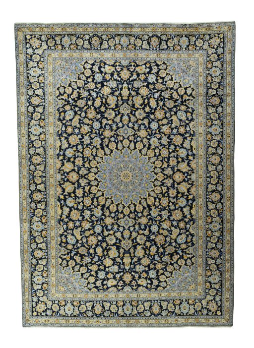 Full view of 2000s Kashan rug from Iran / Persia, 423 × 302 cm in Blue tones