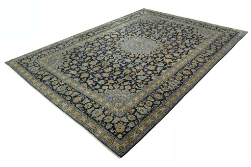 Corner detail of 2000s Kashan rug showing border pattern and Wool pile