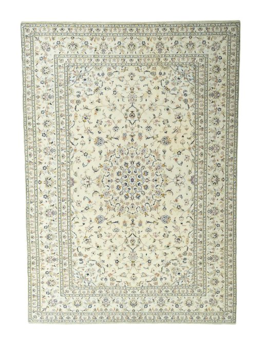 Full view of New Kashan rug from Iran / Persia, 346 × 246 cm in Beige tones