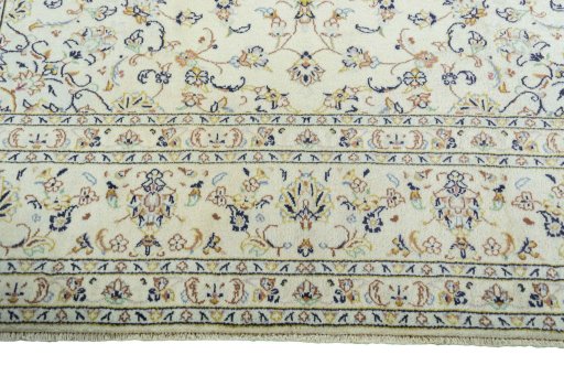 Full view of New Kashan rug from Iran / Persia, 346 × 246 cm in Beige tones