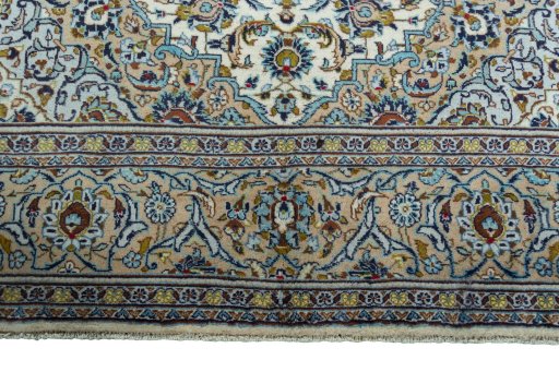 Full view of 2000s Kashan rug from Iran / Persia, 307 × 202 cm in Beige tones