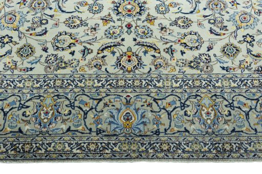 Full view of 1970s Kashan rug from Iran / Persia, 388 × 301 cm in Blue tones