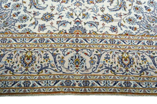 Full view of 2000s Kashan rug from Iran / Persia, 400 × 294 cm in Beige tones