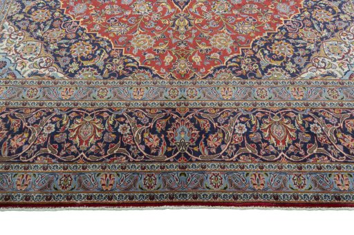 Full view of 2000s Kashan rug from Iran / Persia, 406 × 301 cm in Red tones