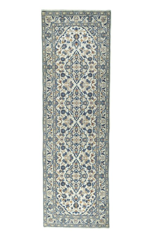 Full view of 2000s Kashan rug from Iran / Persia, 306 × 95 cm in Beige tones