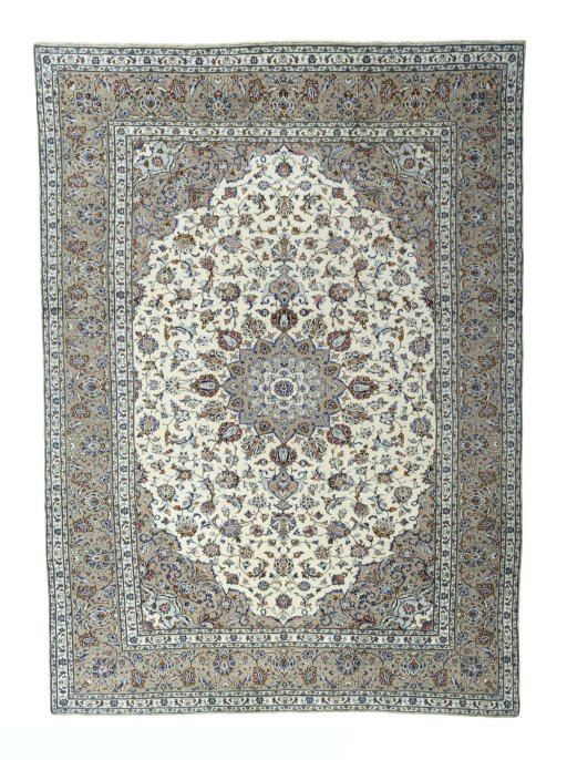 Full view of 2000s Kashan rug from Iran / Persia, 346 × 251 cm in Beige tones