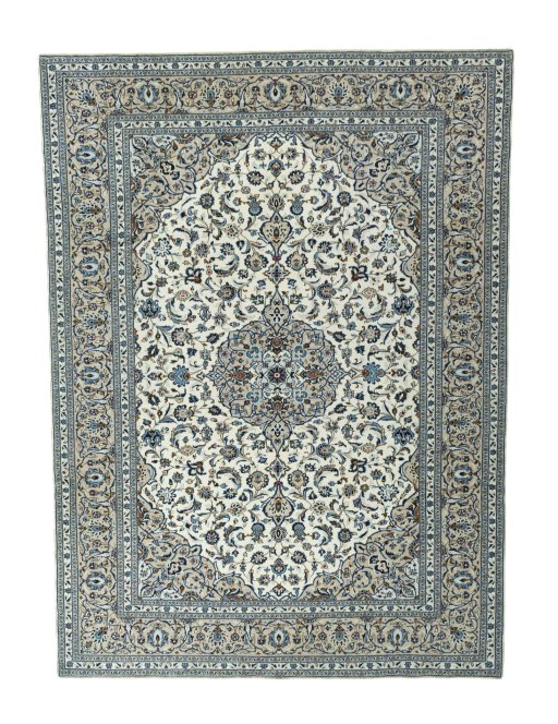 Full view of 2000s Kashan rug from Iran / Persia, 403 × 296 cm in Beige tones