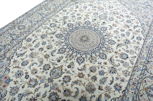 Backside of handmade New Kashan rug showing knot structure and weave density