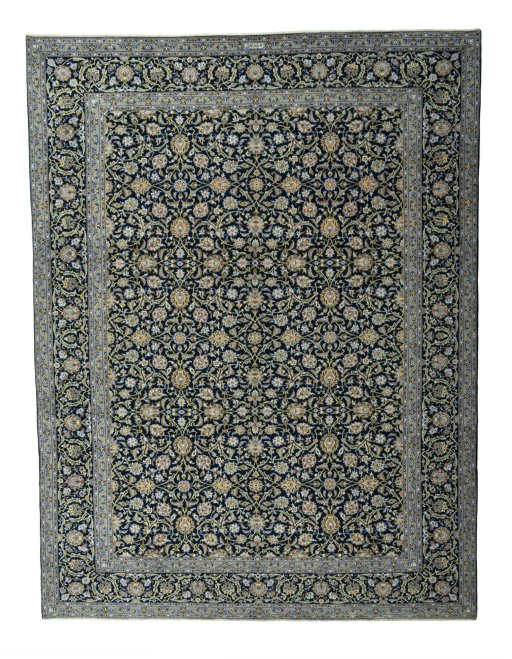 Full view of 2000s Kashan rug from Iran / Persia, 416 × 317 cm in Blue tones
