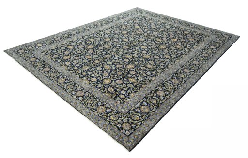 Corner detail of 2000s Kashan rug showing border pattern and Cork pile