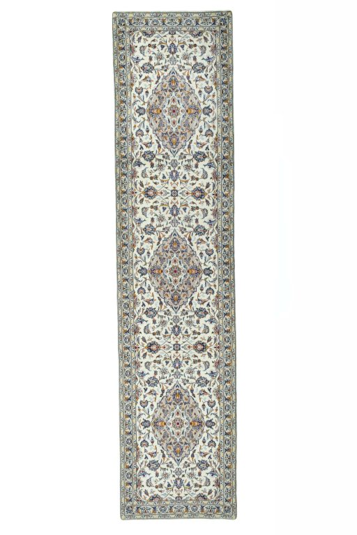 Full view of 2000s Kashan rug from Iran / Persia, 421 × 100 cm in Beige tones