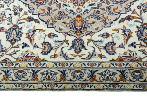Full view of 2000s Kashan rug from Iran / Persia, 421 × 100 cm in Beige tones