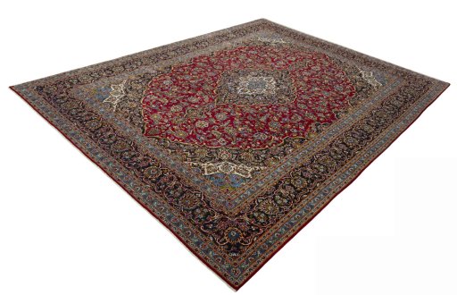 Corner detail of 2000s Kashan rug showing border pattern and Wool pile