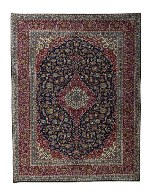Full view of 2000s Kashan rug from Iran / Persia, 394 × 305 cm in Blue tones