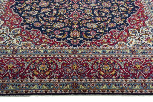 Full view of 2000s Kashan rug from Iran / Persia, 394 × 305 cm in Blue tones