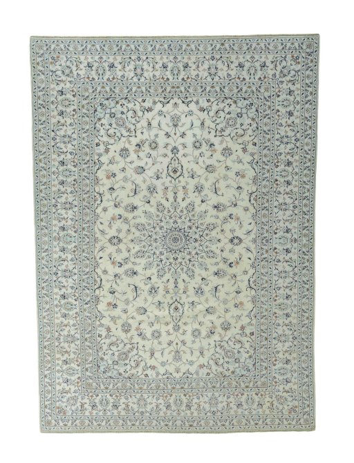 Full view of New Kashan rug from Iran / Persia, 341 × 242 cm in Beige tones
