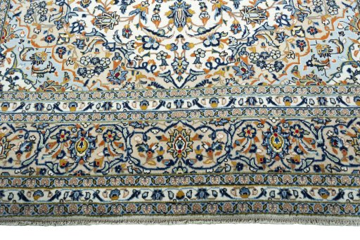 Full view of 2000s Kashan rug from Iran / Persia, 357 × 247 cm in Beige tones