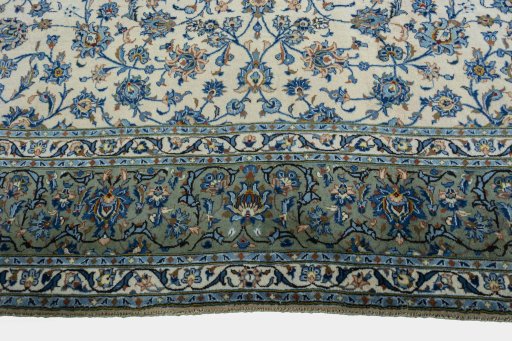 Full view of 2000s Kashan rug from Iran / Persia, 431 × 294 cm in Beige tones
