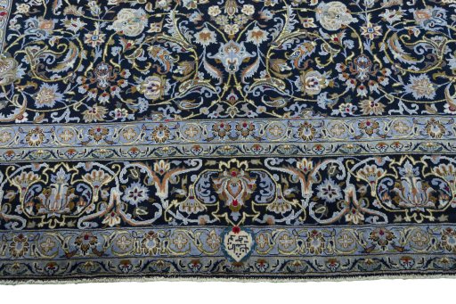 Full view of 2000s Kashan rug from Iran / Persia, 383 × 265 cm in Blue tones