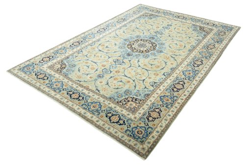 Corner detail of 2000s Kashan rug showing border pattern and Wool pile
