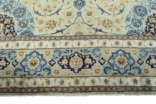 Full view of 2000s Kashan rug from Iran / Persia, 388 × 261 cm in Green tones