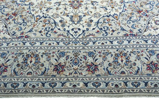Full view of 2000s Kashan rug from Iran / Persia, 389 × 300 cm in Beige tones