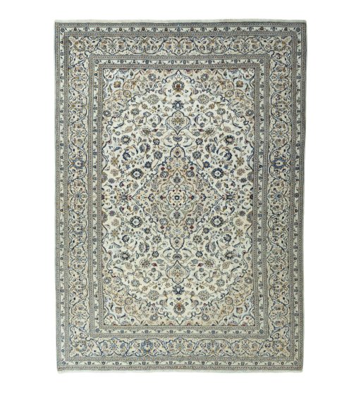 Full view of 2000s Kashan rug from Iran / Persia, 344 × 246 cm in Beige tones