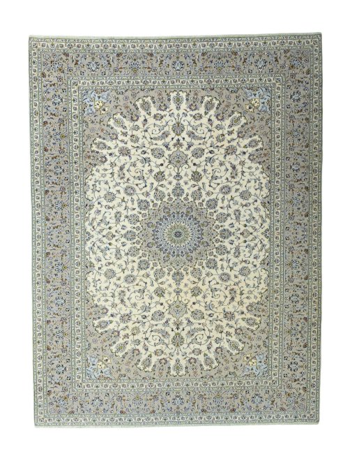 Full view of 2000s Kashan rug from Iran / Persia, 400 × 301 cm in Beige tones