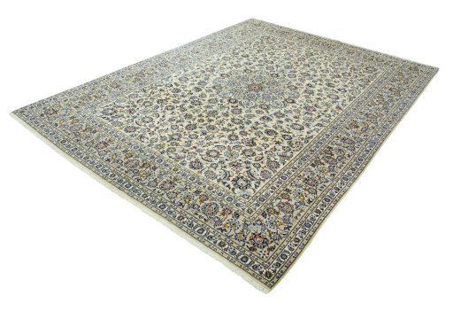 Corner detail of 2000s Kashan rug showing border pattern and Wool pile