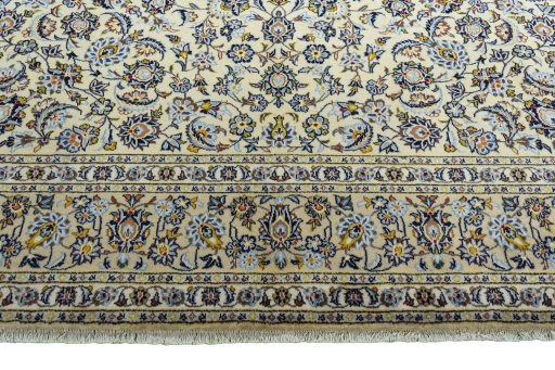 Full view of 2000s Kashan rug from Iran / Persia, 400 × 300 cm in Beige tones