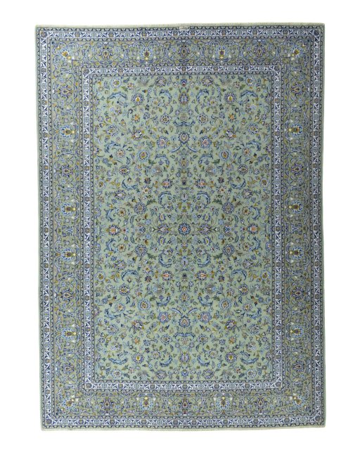 Full view of 2000s Kashan rug from Iran / Persia, 400 × 284 cm in Green tones