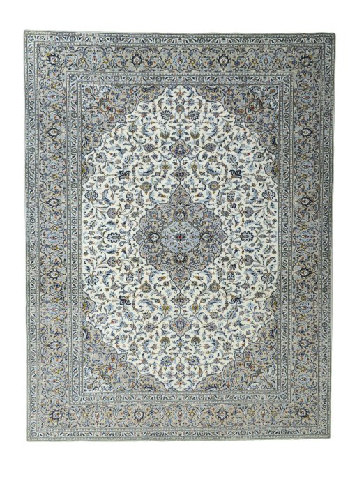 Full view of 2000s Kashan rug from Iran / Persia, 391 × 298 cm in Beige tones