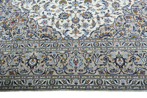 Full view of 2000s Kashan rug from Iran / Persia, 391 × 298 cm in Beige tones