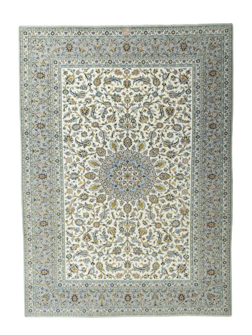 Full view of 2000s Kashan rug from Iran / Persia, 412 × 301 cm in Beige tones
