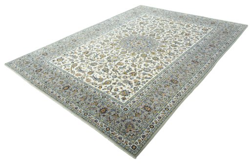 Corner detail of 2000s Kashan rug showing border pattern and Wool pile