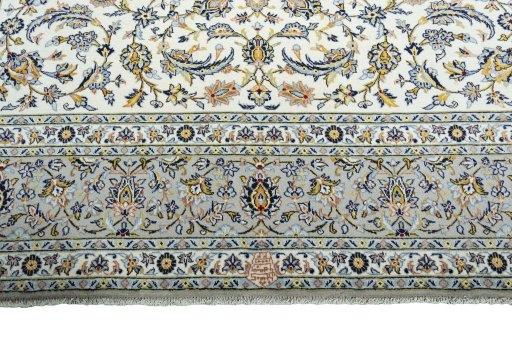 Full view of 2000s Kashan rug from Iran / Persia, 412 × 301 cm in Beige tones