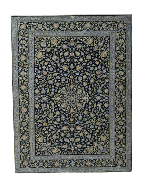 Full view of 2000s Kashan rug from Iran / Persia, 381 × 291 cm in Blue tones