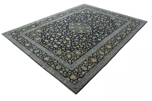 Corner detail of 2000s Kashan rug showing border pattern and Wool pile