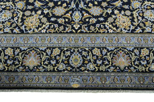 Full view of 2000s Kashan rug from Iran / Persia, 381 × 291 cm in Blue tones