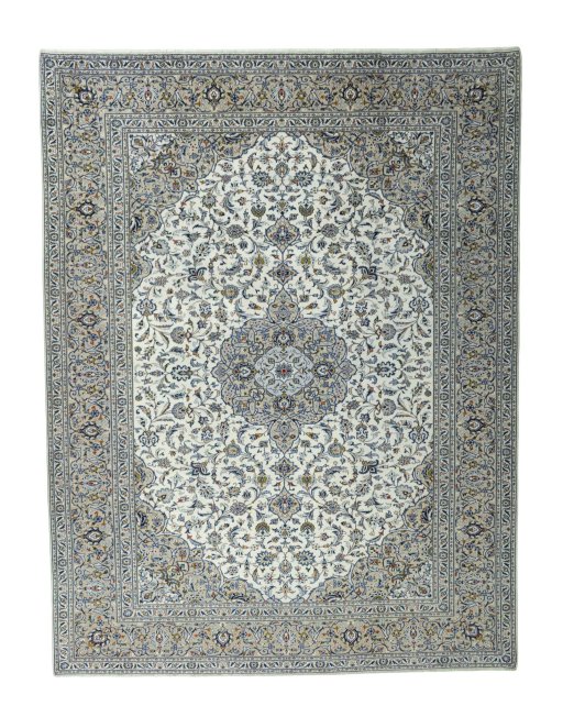 Full view of 2000s Kashan rug from Iran / Persia, 395 × 302 cm in Beige tones