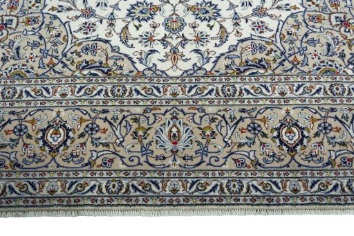 Full view of 2000s Kashan rug from Iran / Persia, 395 × 302 cm in Beige tones