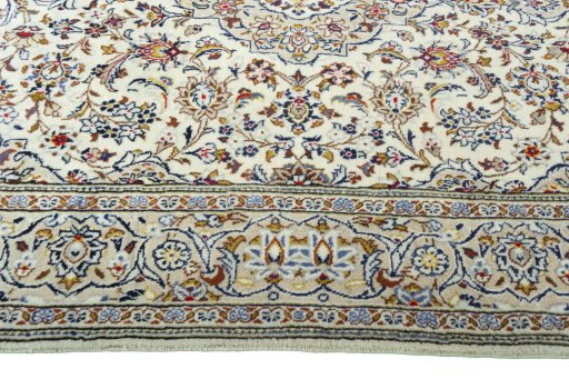Full view of 2000s Kashan rug from Iran / Persia, 225 × 138 cm in Beige tones