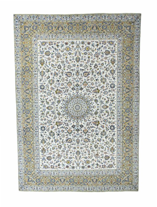 Full view of 2000s Kashan rug from Iran / Persia, 417 × 293 cm in Beige tones