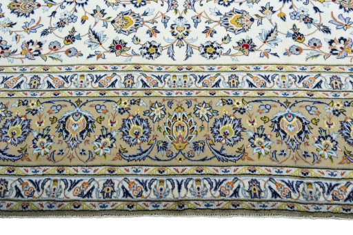 Full view of 2000s Kashan rug from Iran / Persia, 417 × 293 cm in Beige tones